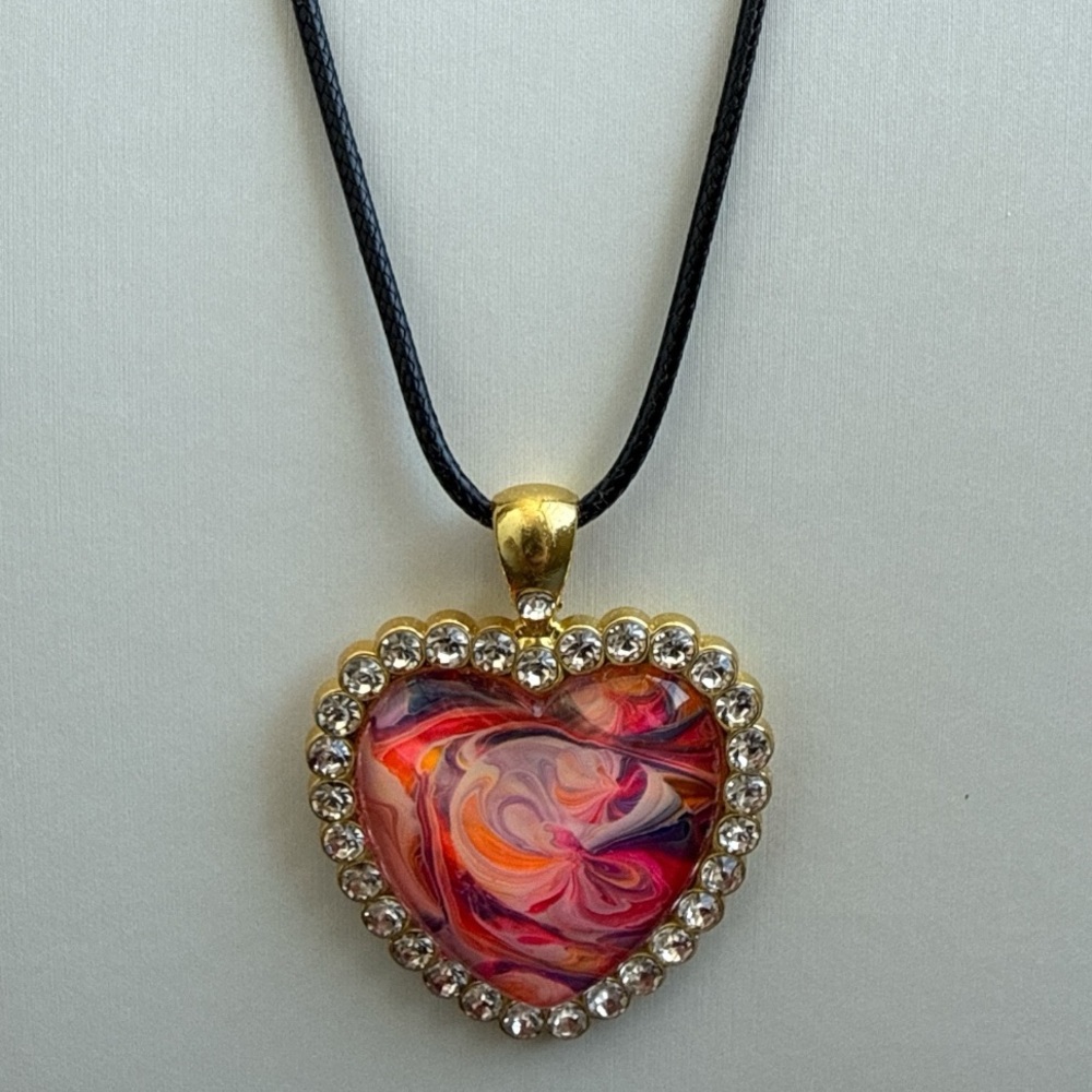 Hand Crafted Fluid Art Necklace Pink Swirl Heart Pendant by Svetlana Yeung - Picture 4 of 8